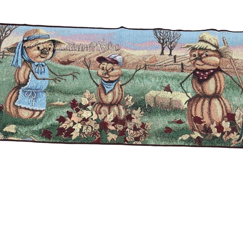 Vintage Autumn Harvest Woven Tapestry Table Runner Pumpkin Scarecrow Barn 71in